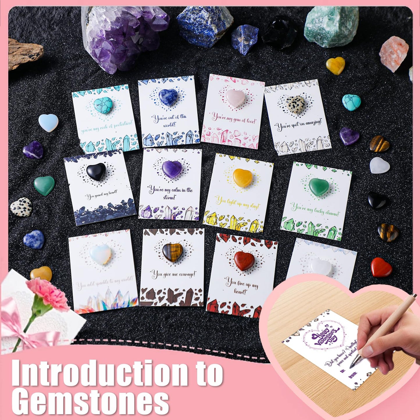 Funewest 28-Pack Crystal Valentine Gifts for Kids – Heart Gemstones with Cards