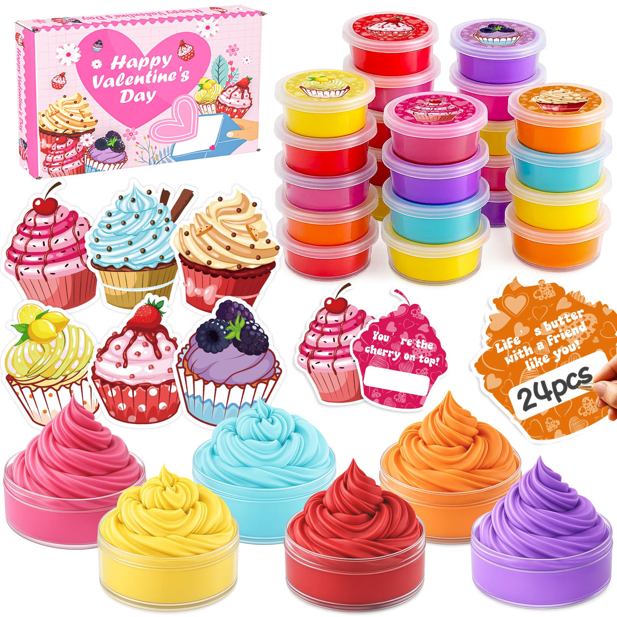 Funewest Valentines Day Gifts for Kids — Butter Slime with Cards (24-Pack)