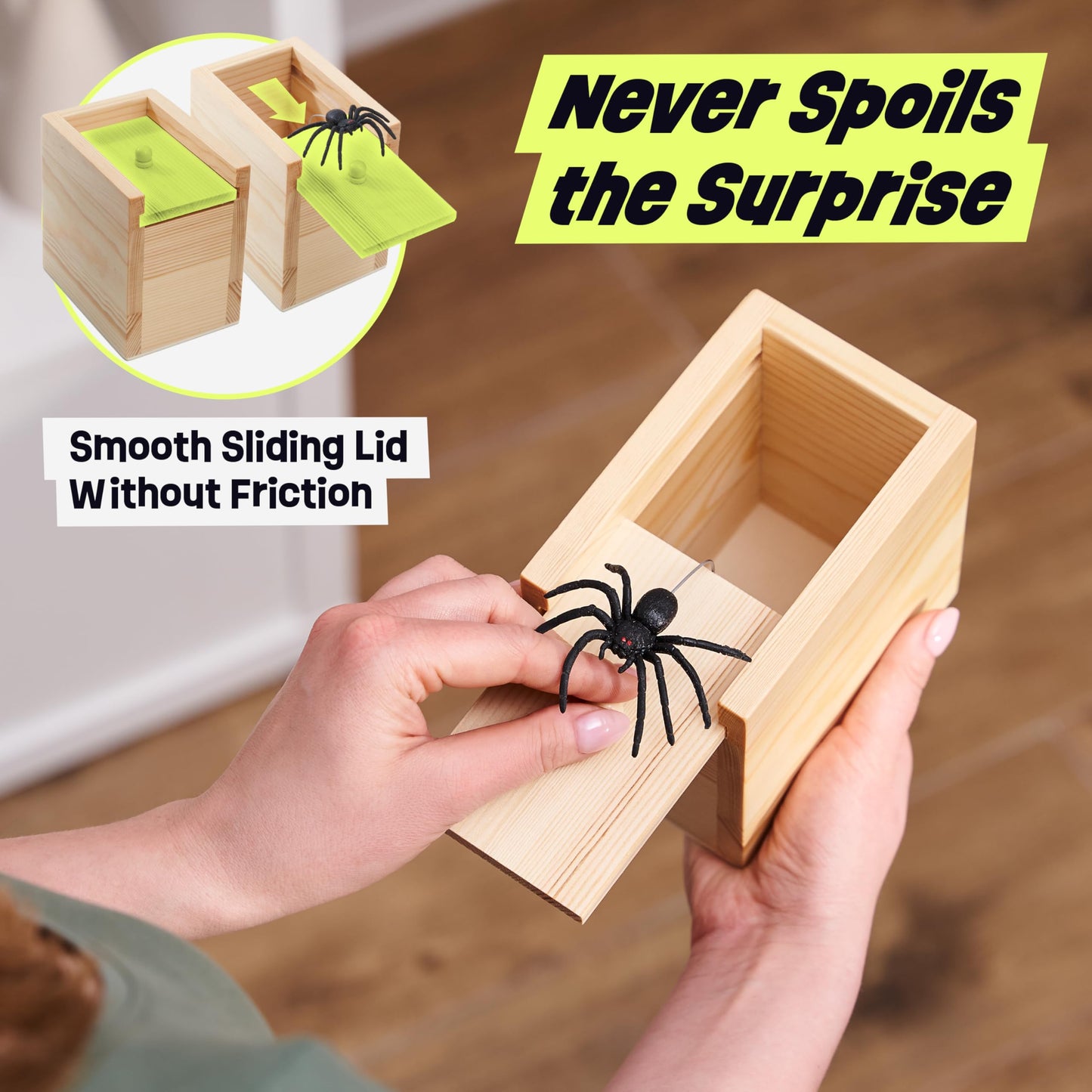 FunFamz Original Spider Prank Box – Wooden Jump Scare Gift with Hidden Compartment