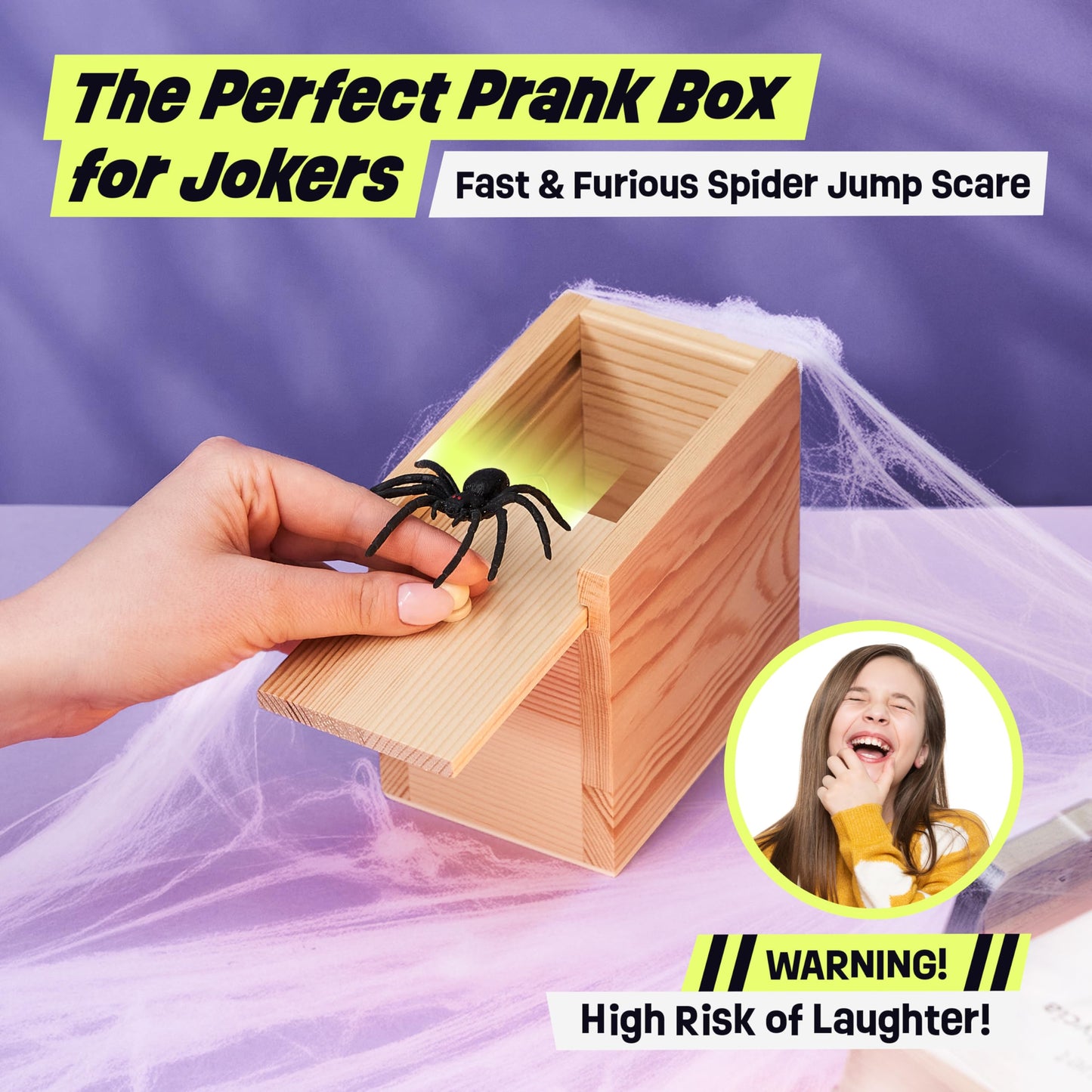 FunFamz Original Spider Prank Box – Wooden Jump Scare Gift with Hidden Compartment