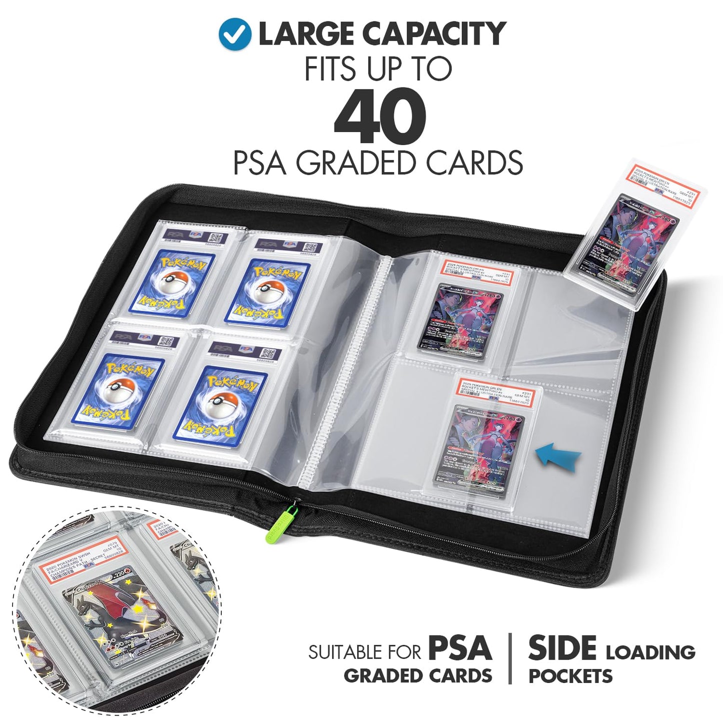 FunGuys Graded Card Binder – 40 PSA Slabs, 4-Pocket Pages, Zippered Display Case