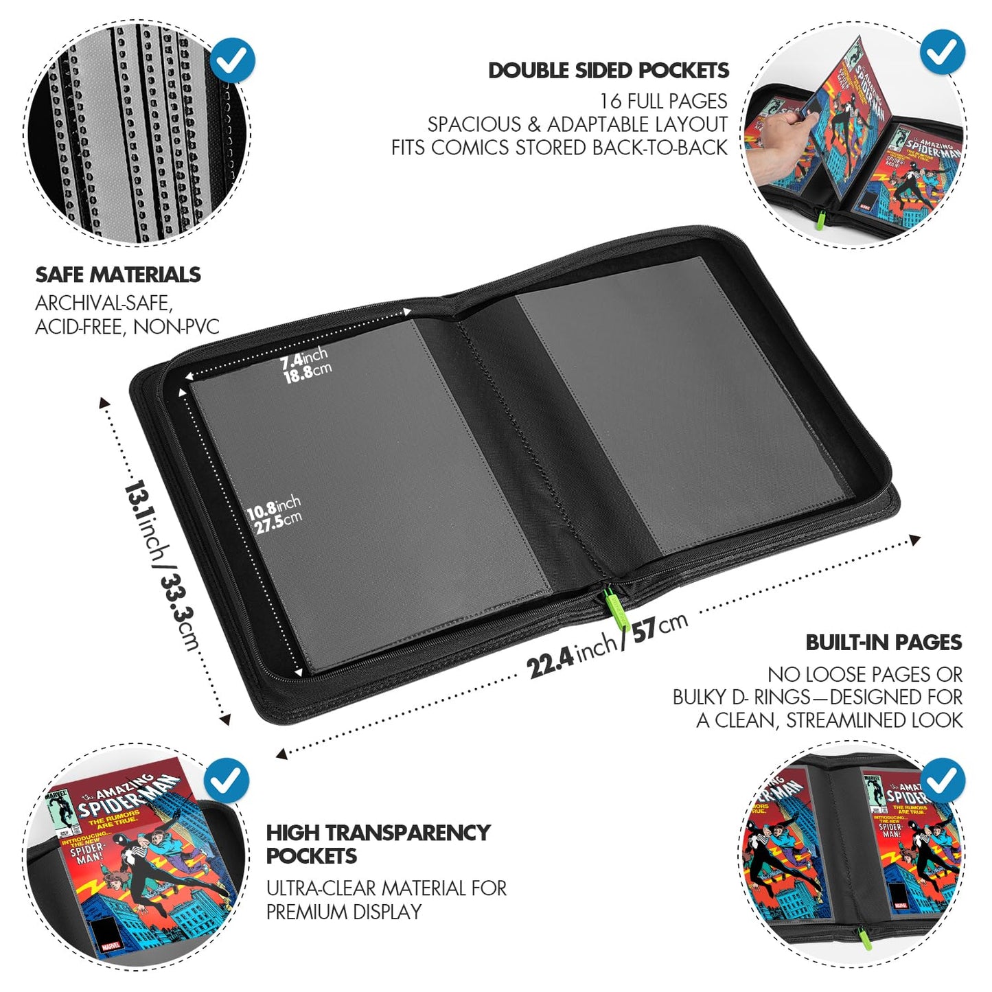 FunGuys Comic Book Storage Binder – 16 Double-Sided Pockets, Holds 32 Comics