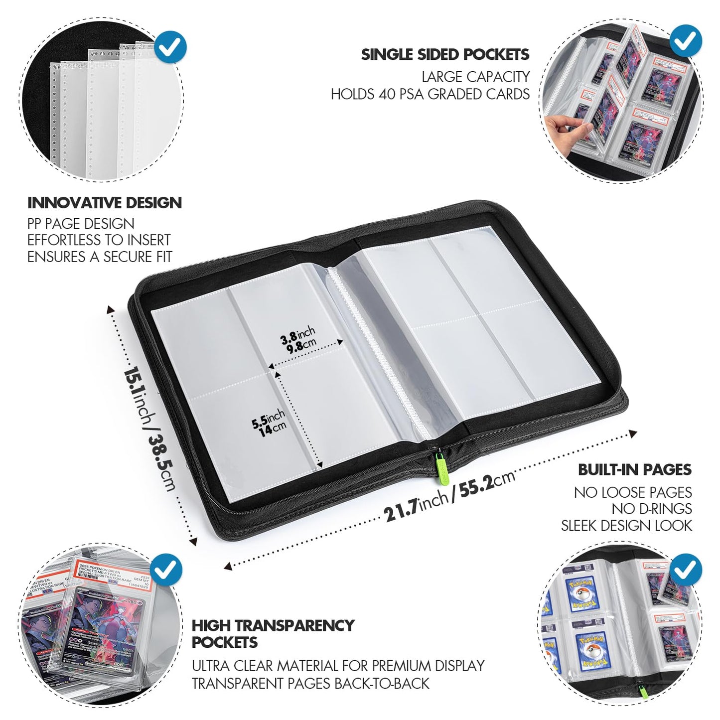 FunGuys Graded Card Binder – 40 PSA Slabs, 4-Pocket Pages, Zippered Display Case