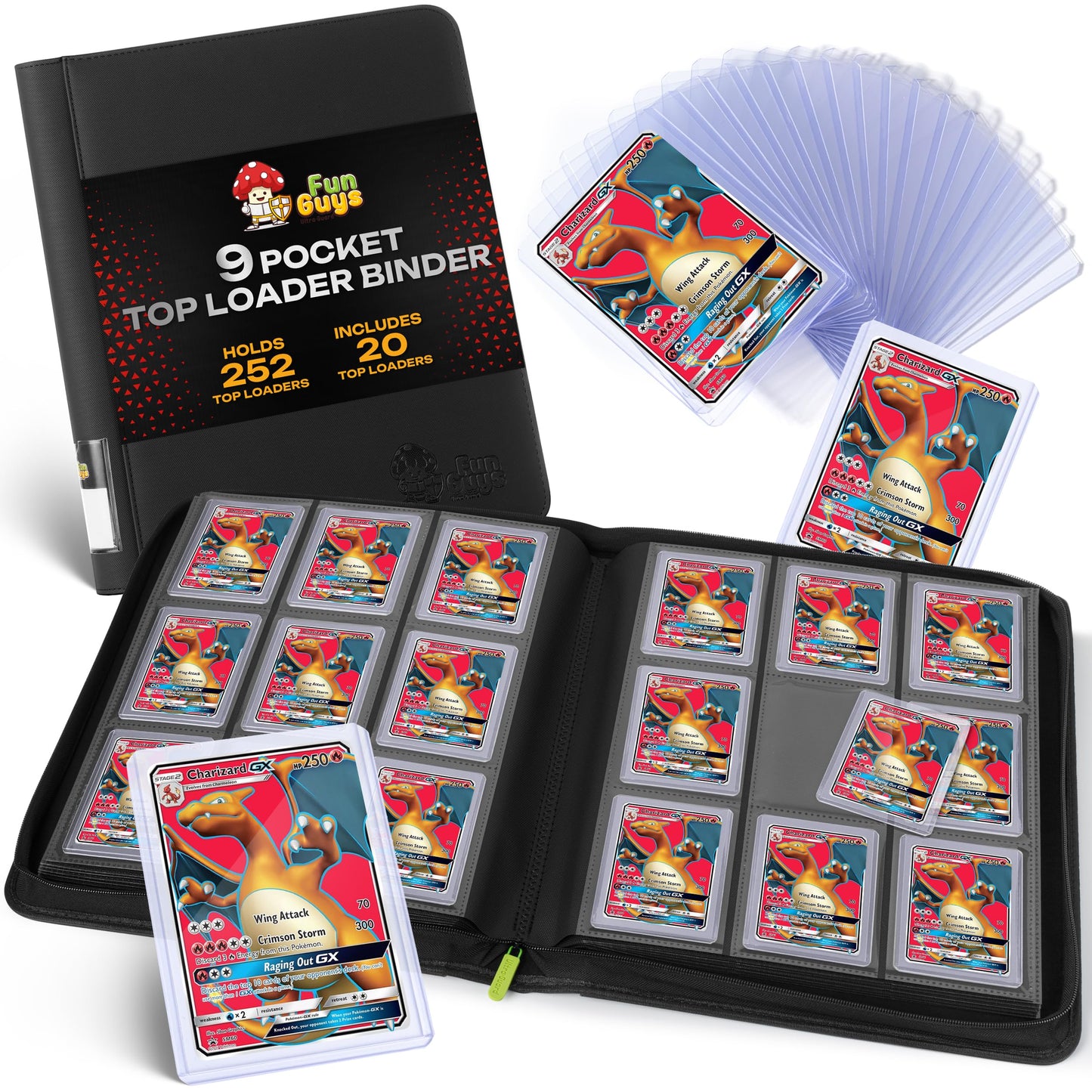 FunGuys Toploader Binder – 252 Card Capacity, 9-Pocket Side-Loading Album, Zippered for Trading Card Storage