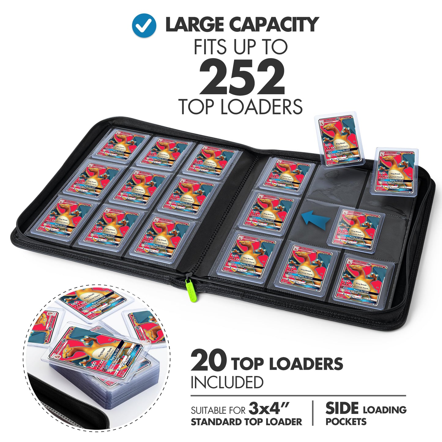 FunGuys Toploader Binder – 252 Card Capacity, 9-Pocket Side-Loading Album, Zippered for Trading Card Storage