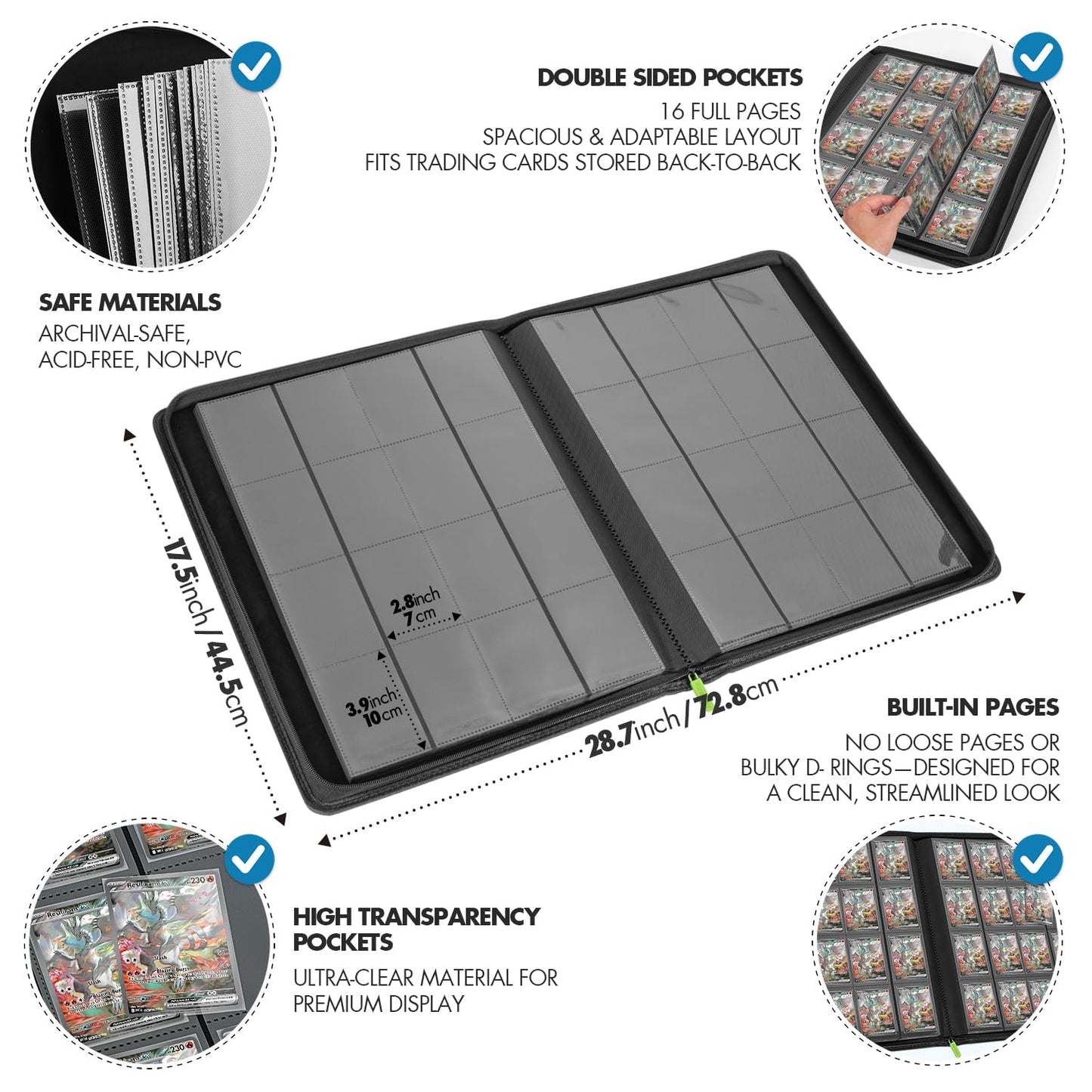 FunGuys Trading Card Binder — 16 Pocket, 1024 Card Capacity, PU Leather, Zipper