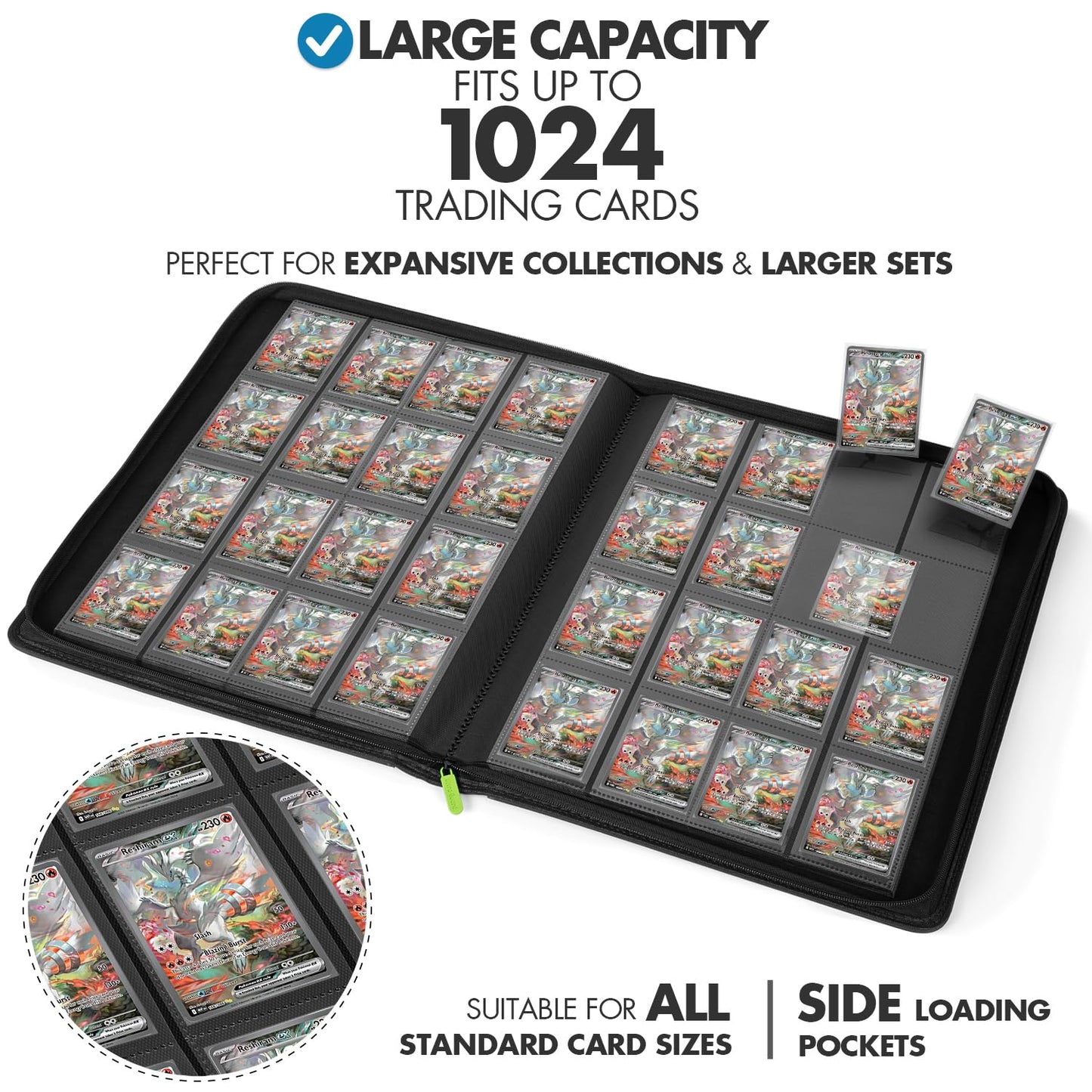 FunGuys Trading Card Binder — 16 Pocket, 1024 Card Capacity, PU Leather, Zipper