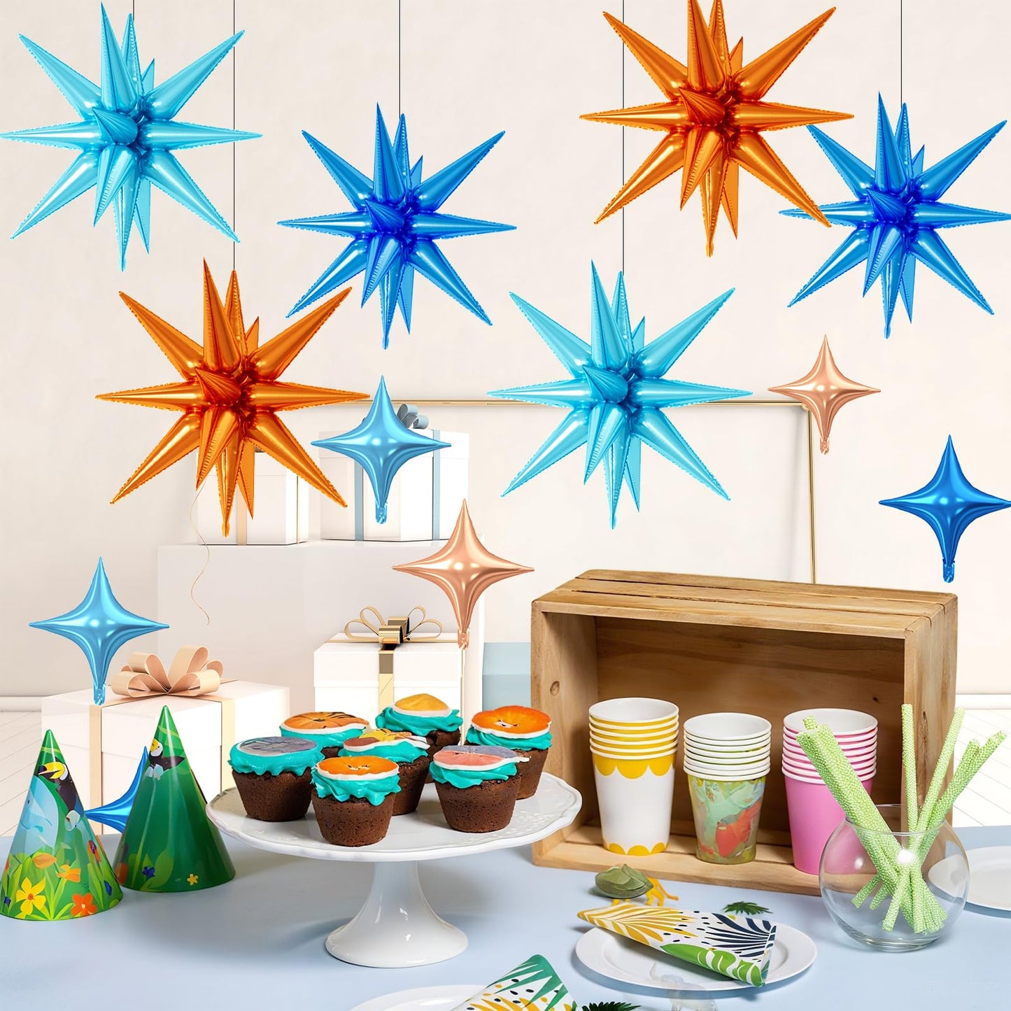 FunHot 18 Pcs Blue and Orange Star Balloons - 6x 22-Inch Explosion Stars + 12x 10-Inch Four-Point Stars