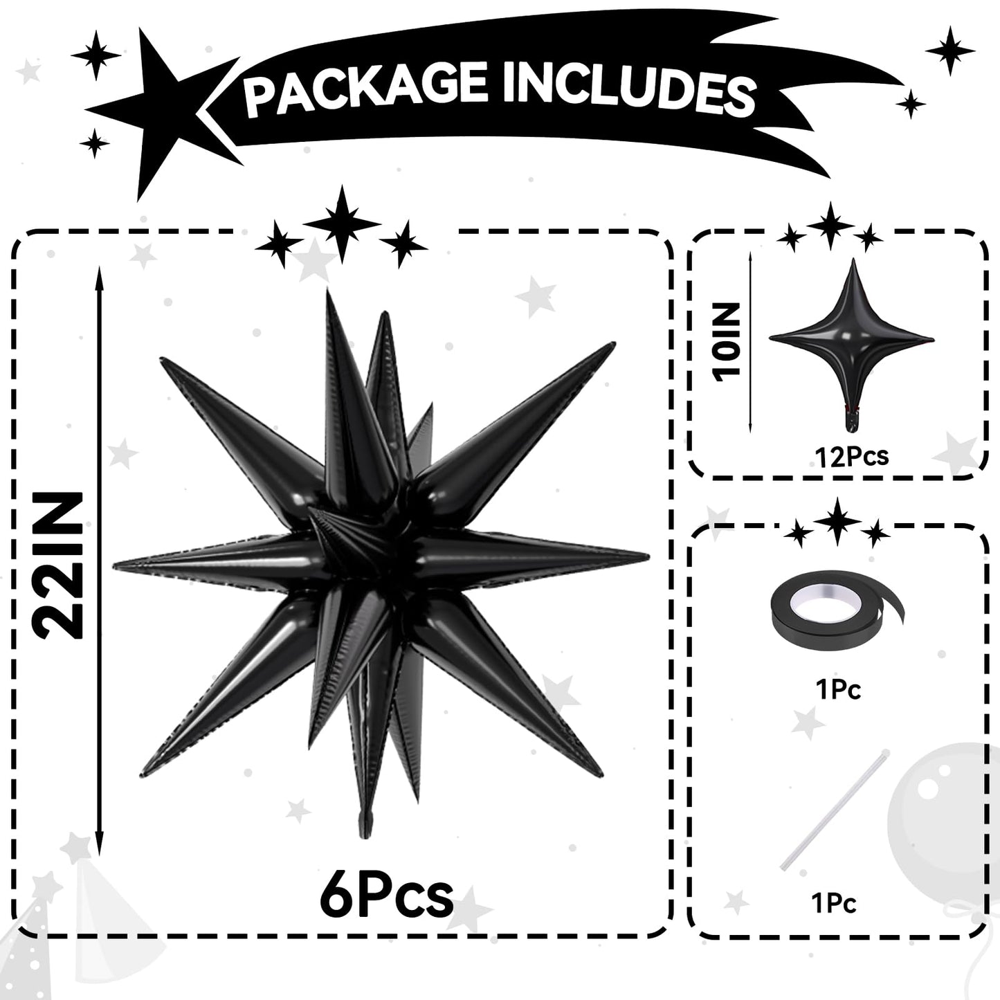 FunHot 18 Pcs Black Star Balloons — 22in Explosion + 10in Four-Point Foil Balloons for Party Decor