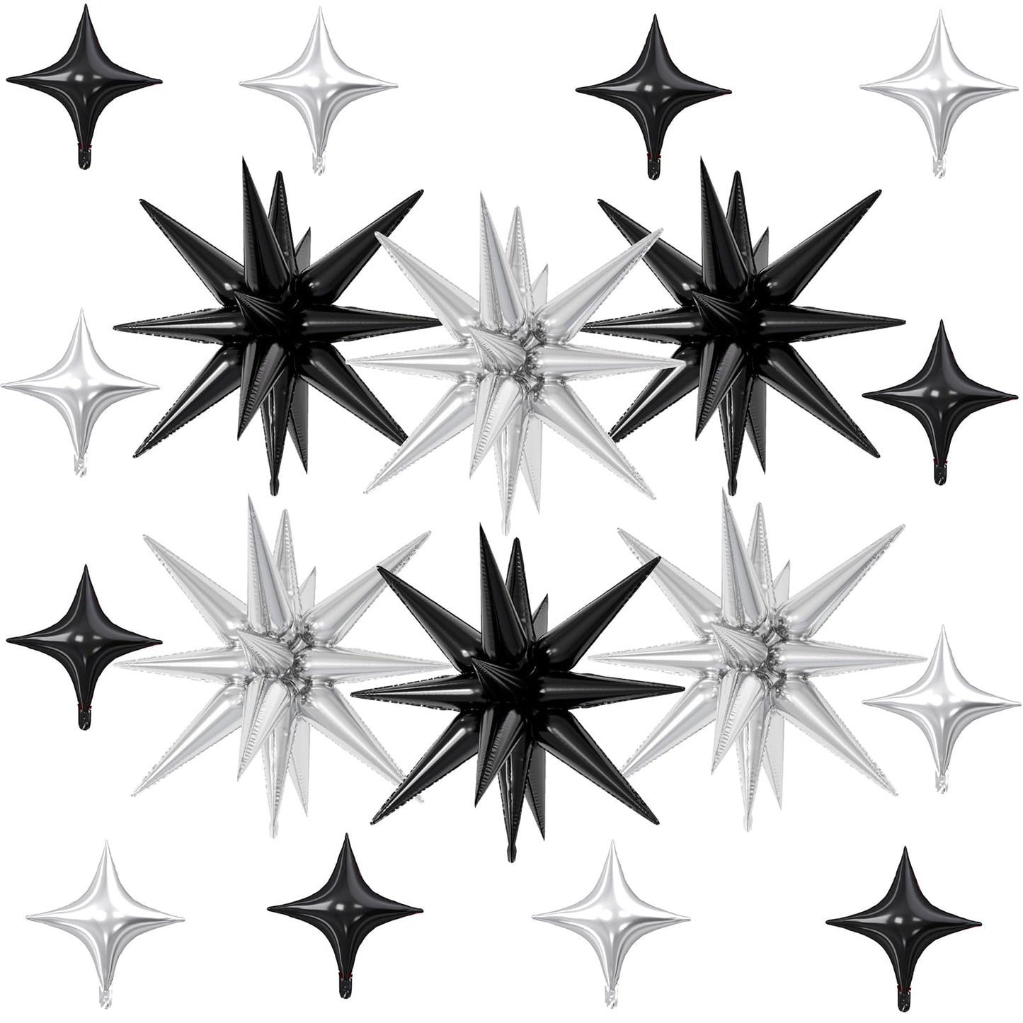 FunHot 18 Pcs Black Silver Star Balloons – 22-Inch Explosion Stars & 10-Inch Foil Balloons for Party Decor