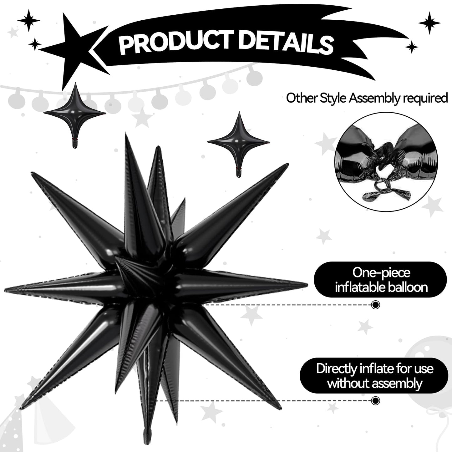 FunHot 18 Pcs Black Star Balloons — 22in Explosion + 10in Four-Point Foil Balloons for Party Decor
