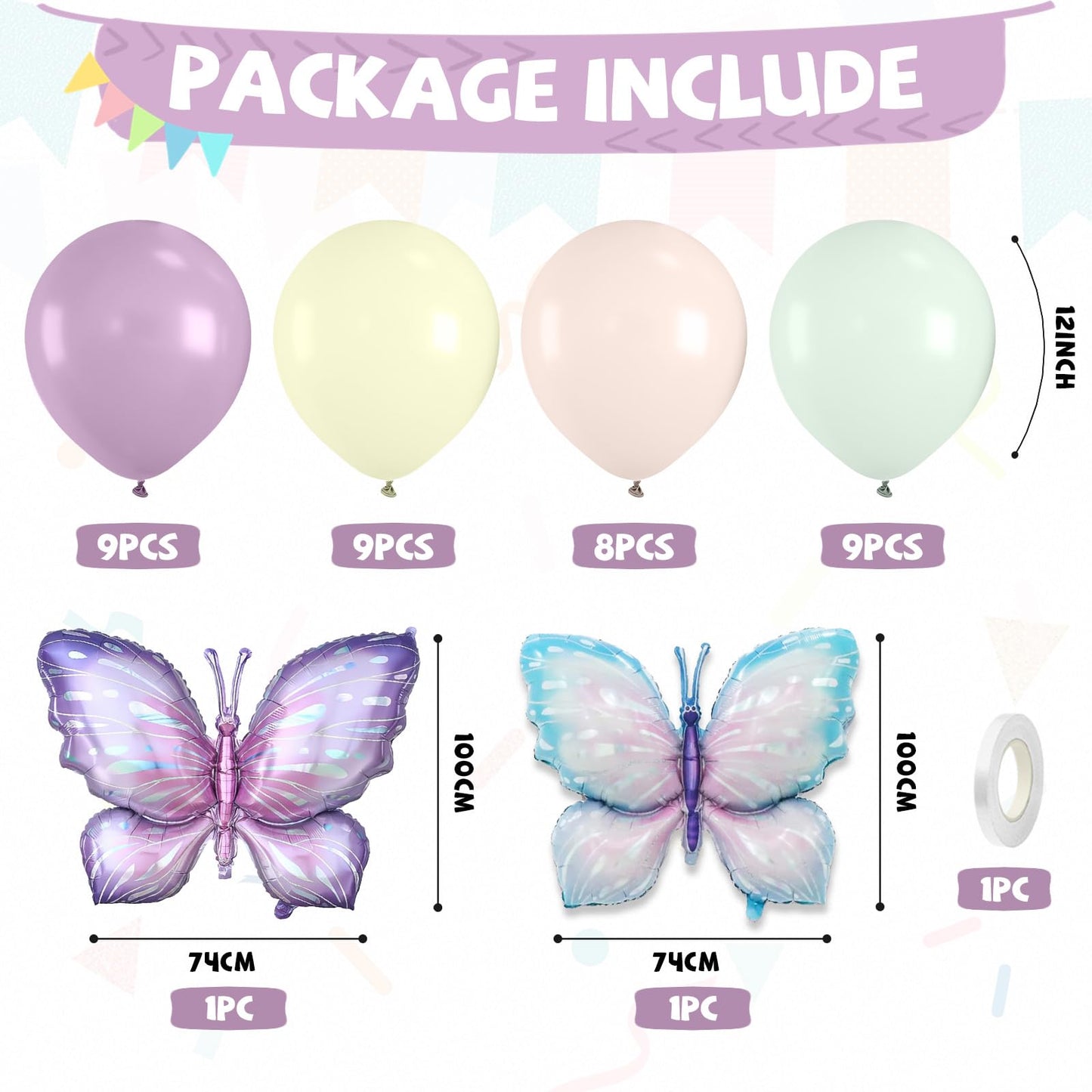 FunHot Pastel Butterfly Balloons Set – 35pc 12" Latex + 2 Giant Butterfly Foil Balloons for Princess Parties