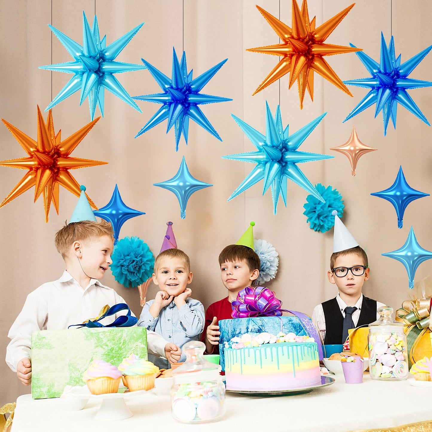 FunHot 18 Pcs Blue and Orange Star Balloons - 6x 22-Inch Explosion Stars + 12x 10-Inch Four-Point Stars