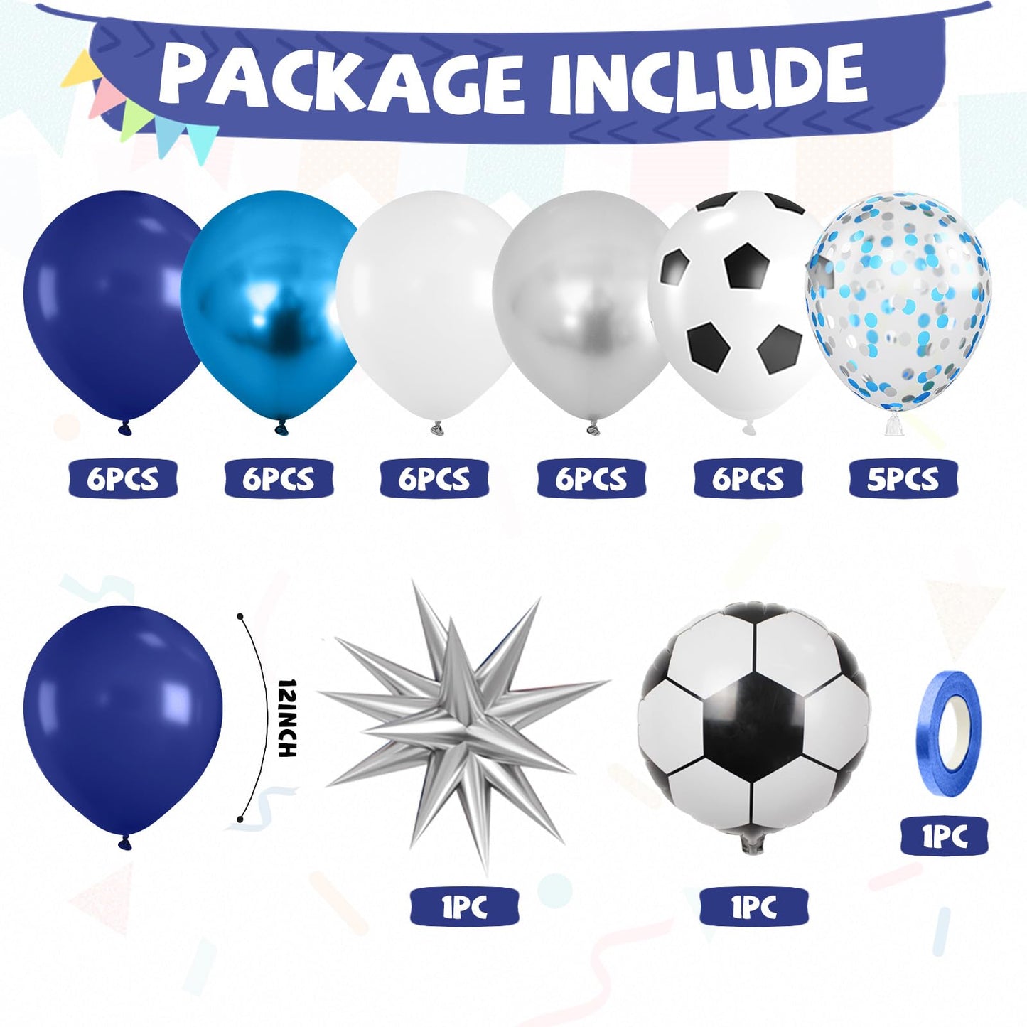 FunHot Blue Soccer Balloons Set – Navy, Metallic Blue, White & Silver Foil Balloons for Soccer Party Decor