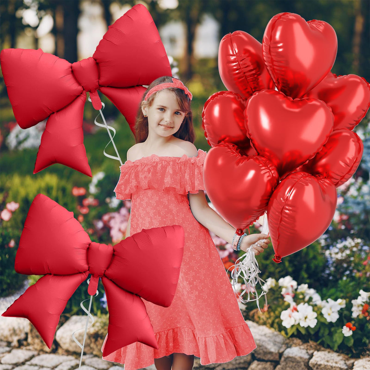 FunHot Red Heart & 38in Bow Foil Balloon Set - 10pc Party Decor