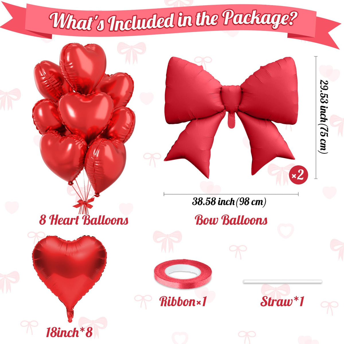 FunHot Red Heart & 38in Bow Foil Balloon Set - 10pc Party Decor