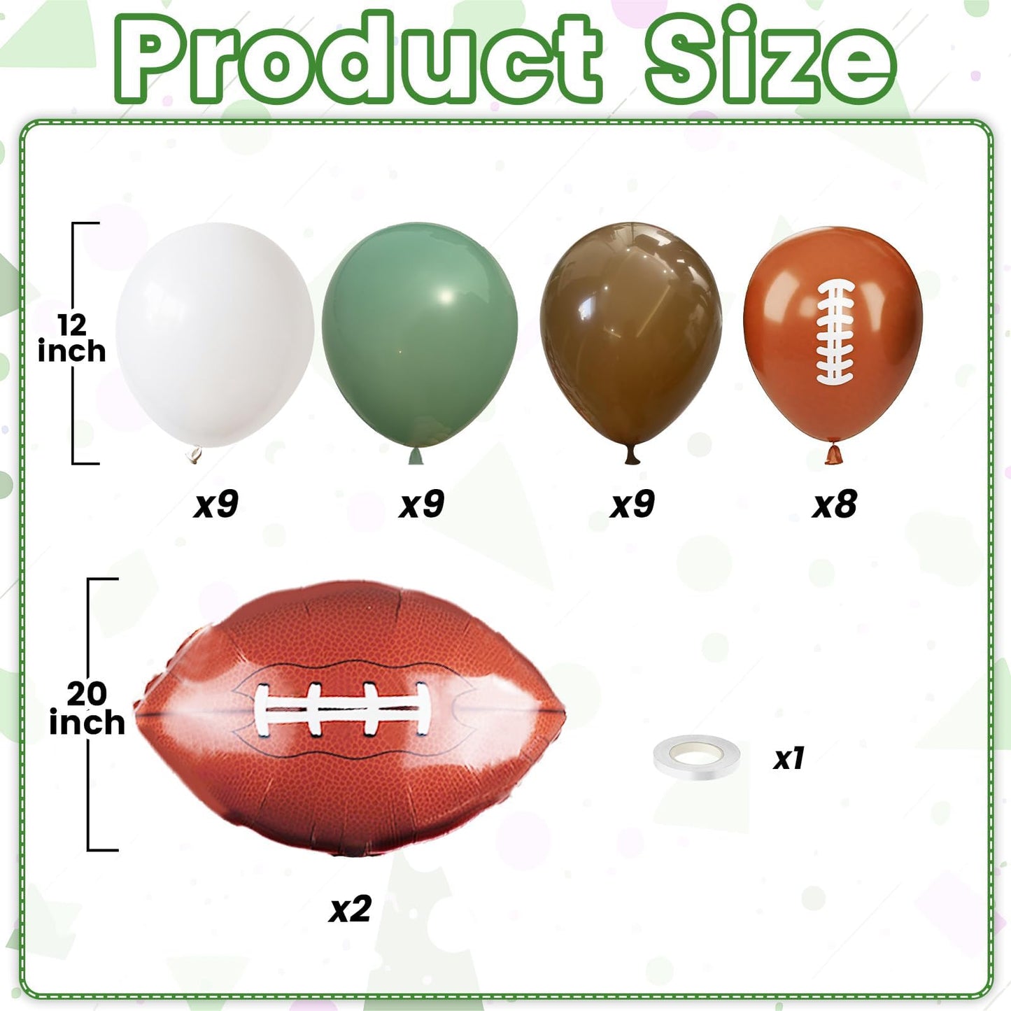 FunHot Football Balloons Kit – 12in Sage Green, White & Brown Football Print Balloons for Party Decor