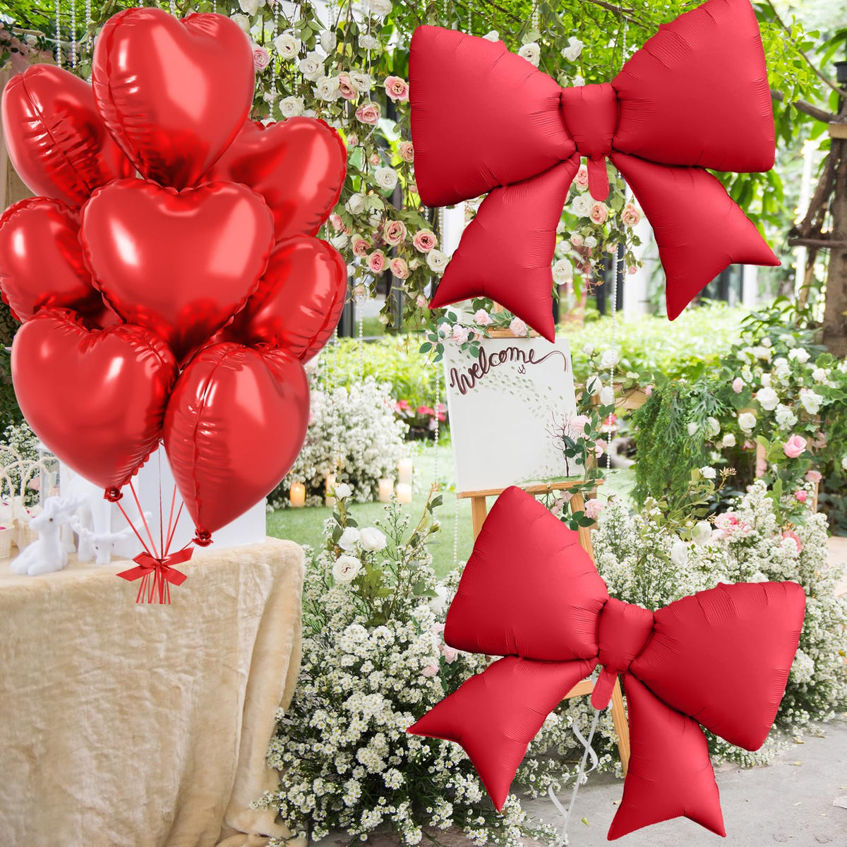 FunHot Red Heart & 38in Bow Foil Balloon Set - 10pc Party Decor