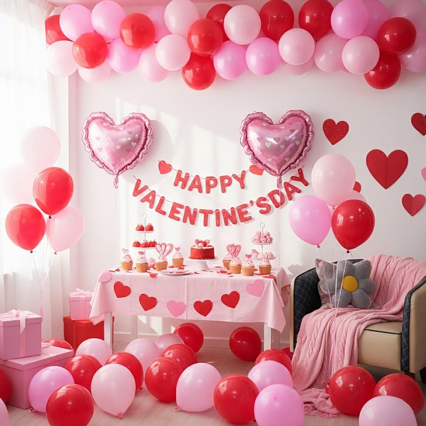 FunHot Valentines Day Balloons Set — Pink & Red Heart Foil Balloons for Weddings