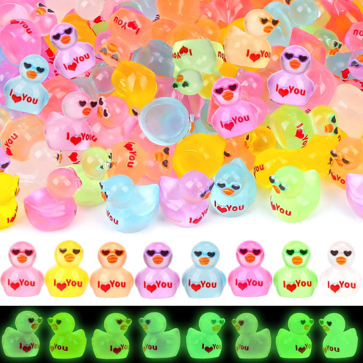 FUNID 100 Pcs Glow-in-the-Dark Mini Resin Ducks – Luminous Valentine’s Day Decor & Craft Figurines