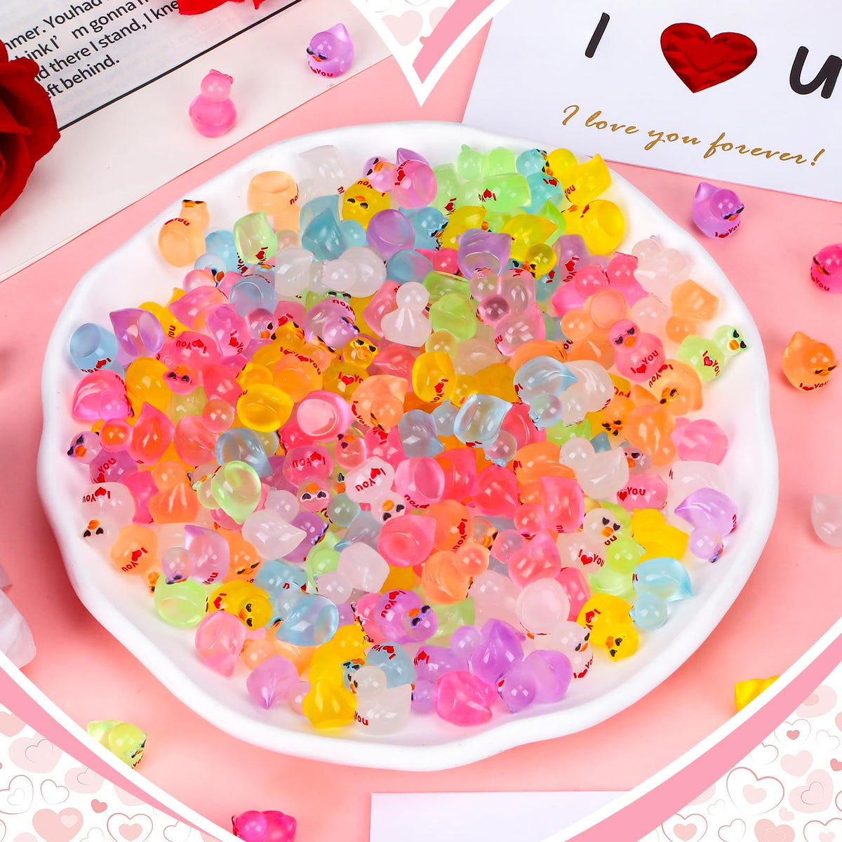 FUNID 100 Pcs Glow-in-the-Dark Mini Resin Ducks – Luminous Valentine’s Day Decor & Craft Figurines