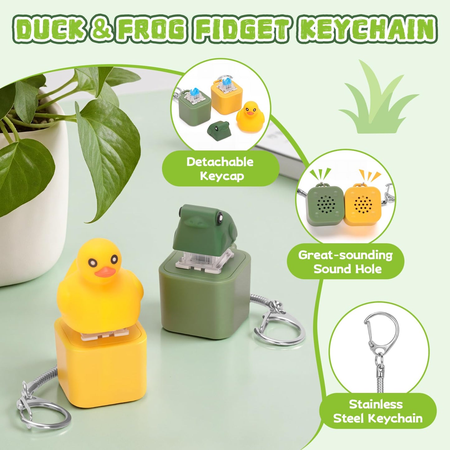 FunisFun Quacking Duck & Croaking Frog Keyboard Fidget Keychain – LED Light & Rechargeable (Yellow & Green, 2P)