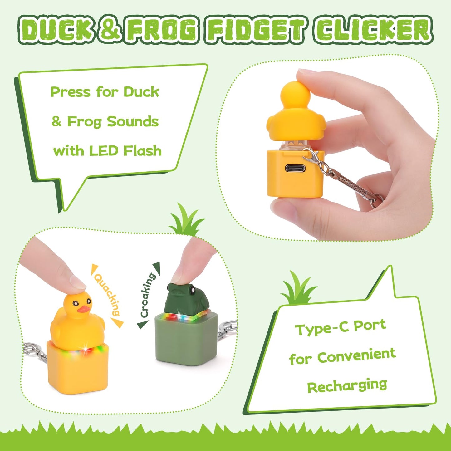 FunisFun Quacking Duck & Croaking Frog Keyboard Fidget Keychain – LED Light & Rechargeable (Yellow & Green, 2P)
