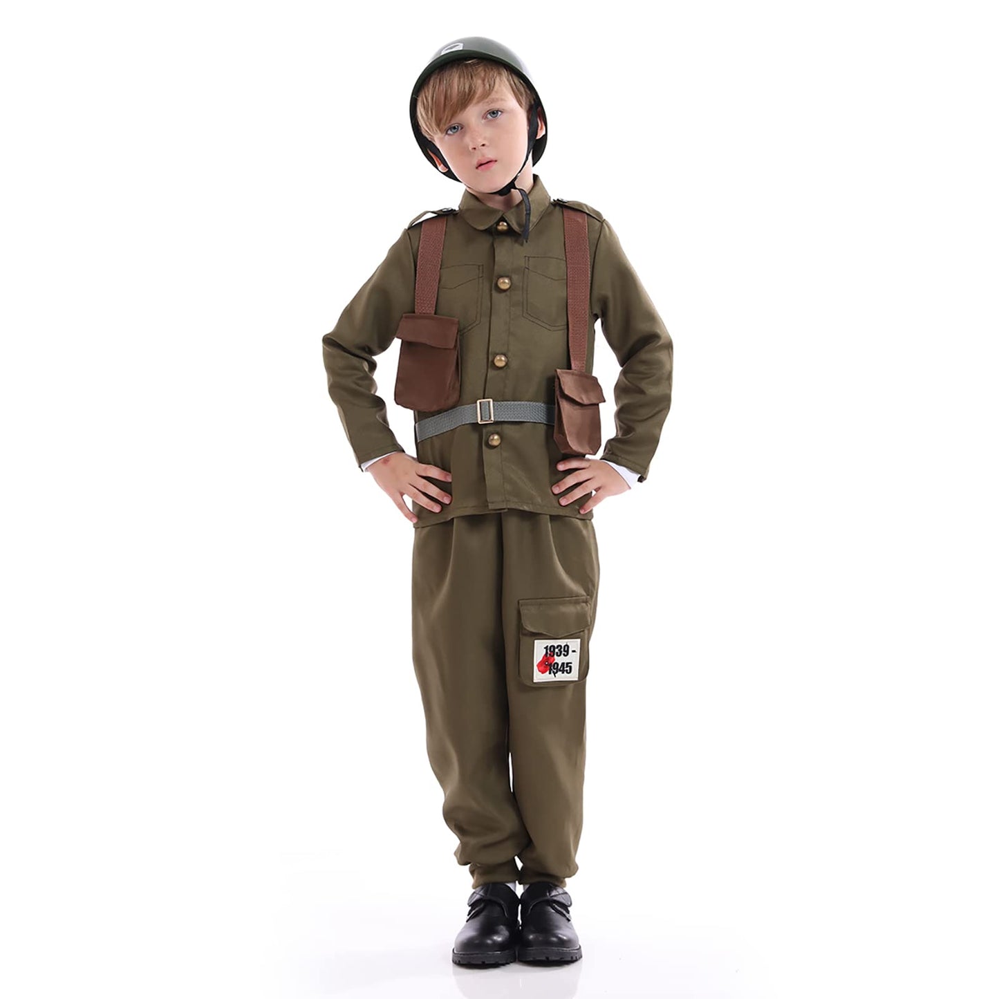 Funivals Army Soldier Costume for Kids – Unisex WWII Outfit with Helmet (Khaki, XL)