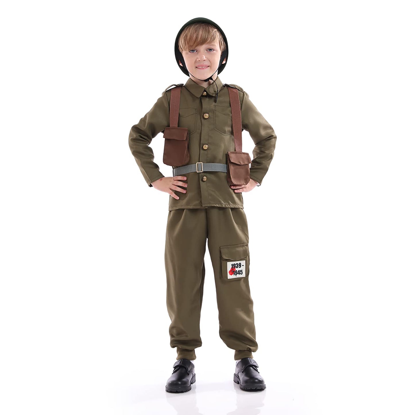 Funivals Army Soldier Costume for Kids – Unisex WWII Outfit with Helmet (Khaki, XL)