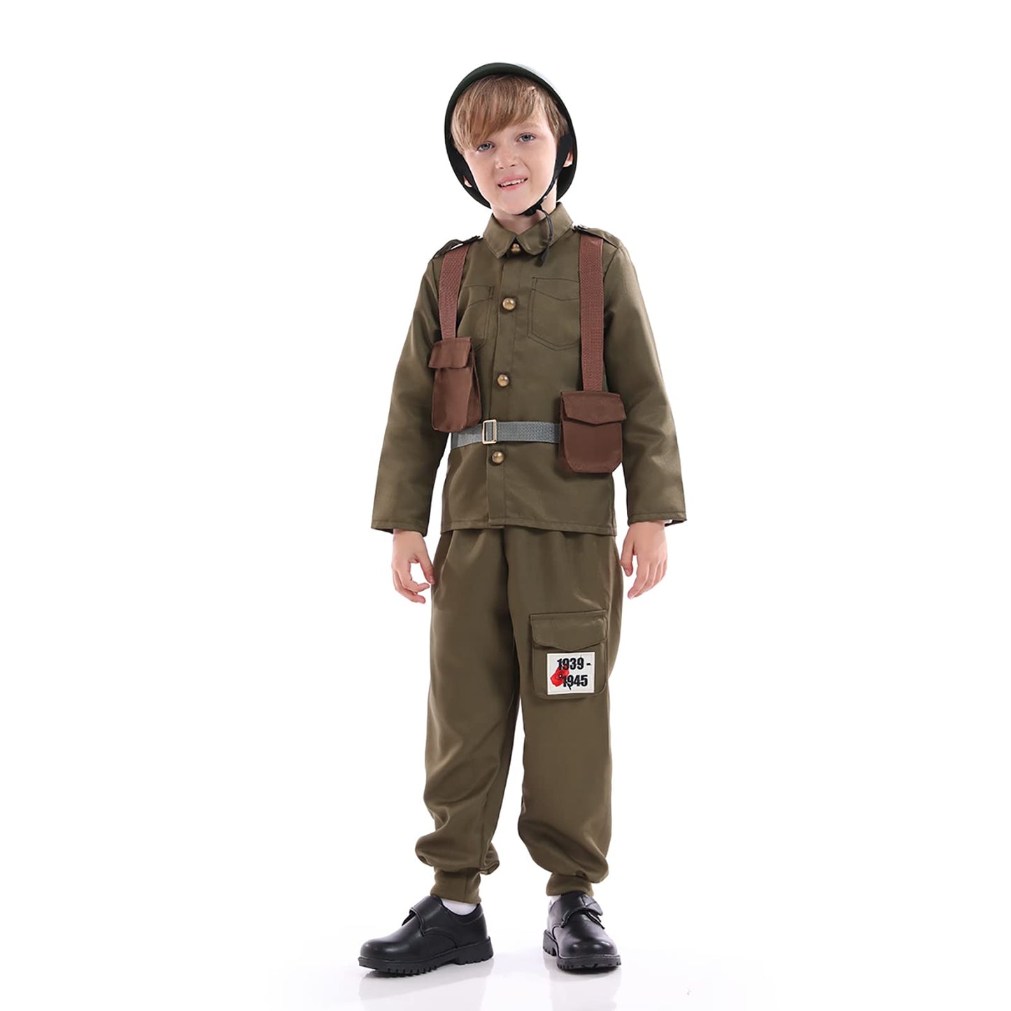 Funivals Army Soldier Costume for Kids – Unisex WWII Outfit with Helmet (Khaki, XL)