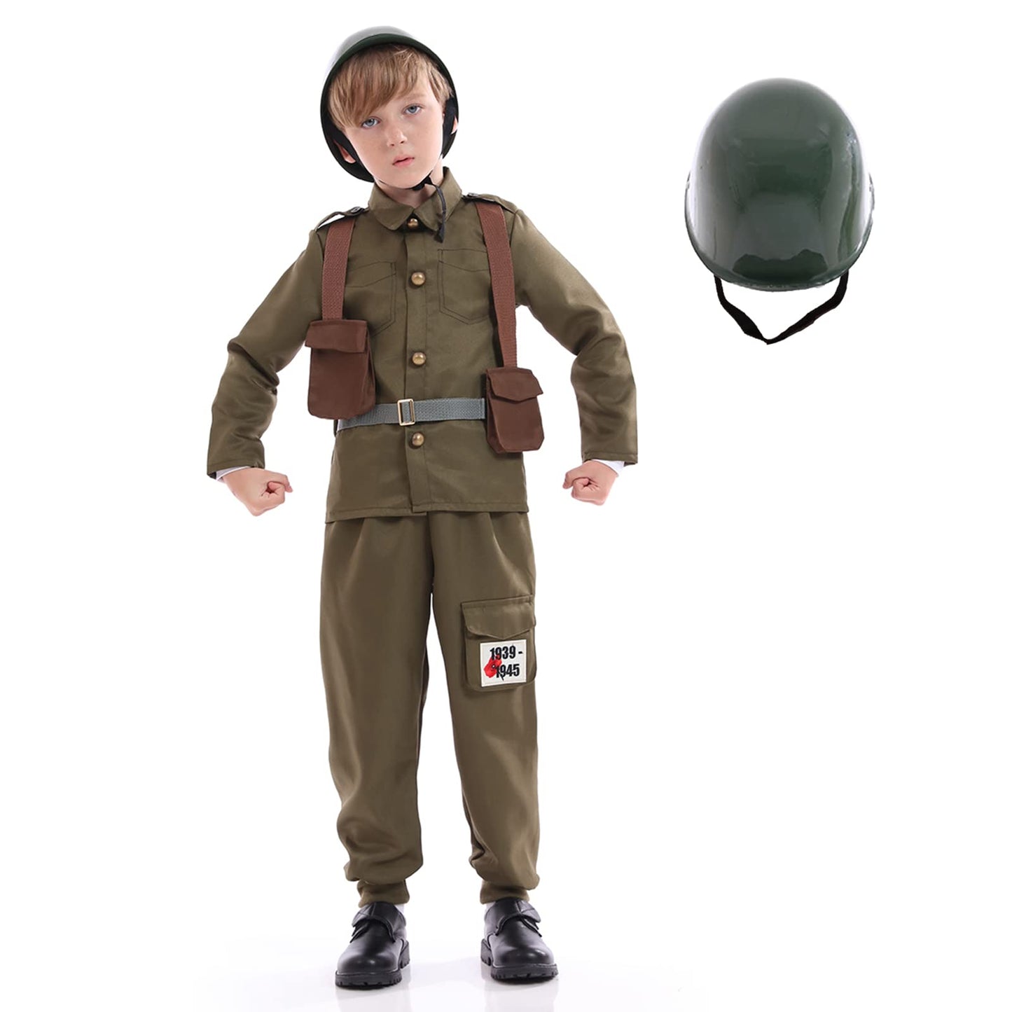 Funivals Army Soldier Costume for Kids – Unisex WWII Outfit with Helmet (Khaki, XL)