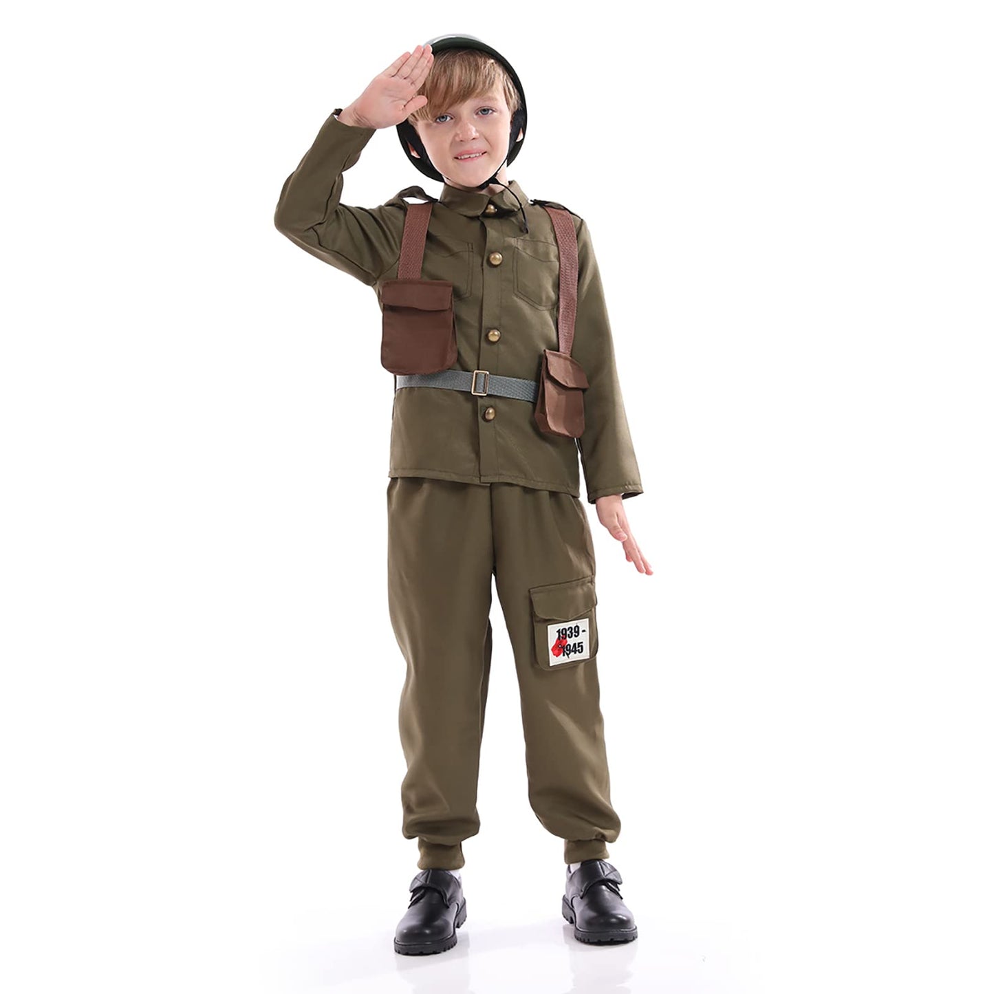Funivals Army Soldier Costume for Kids – Unisex WWII Outfit with Helmet (Khaki, XL)