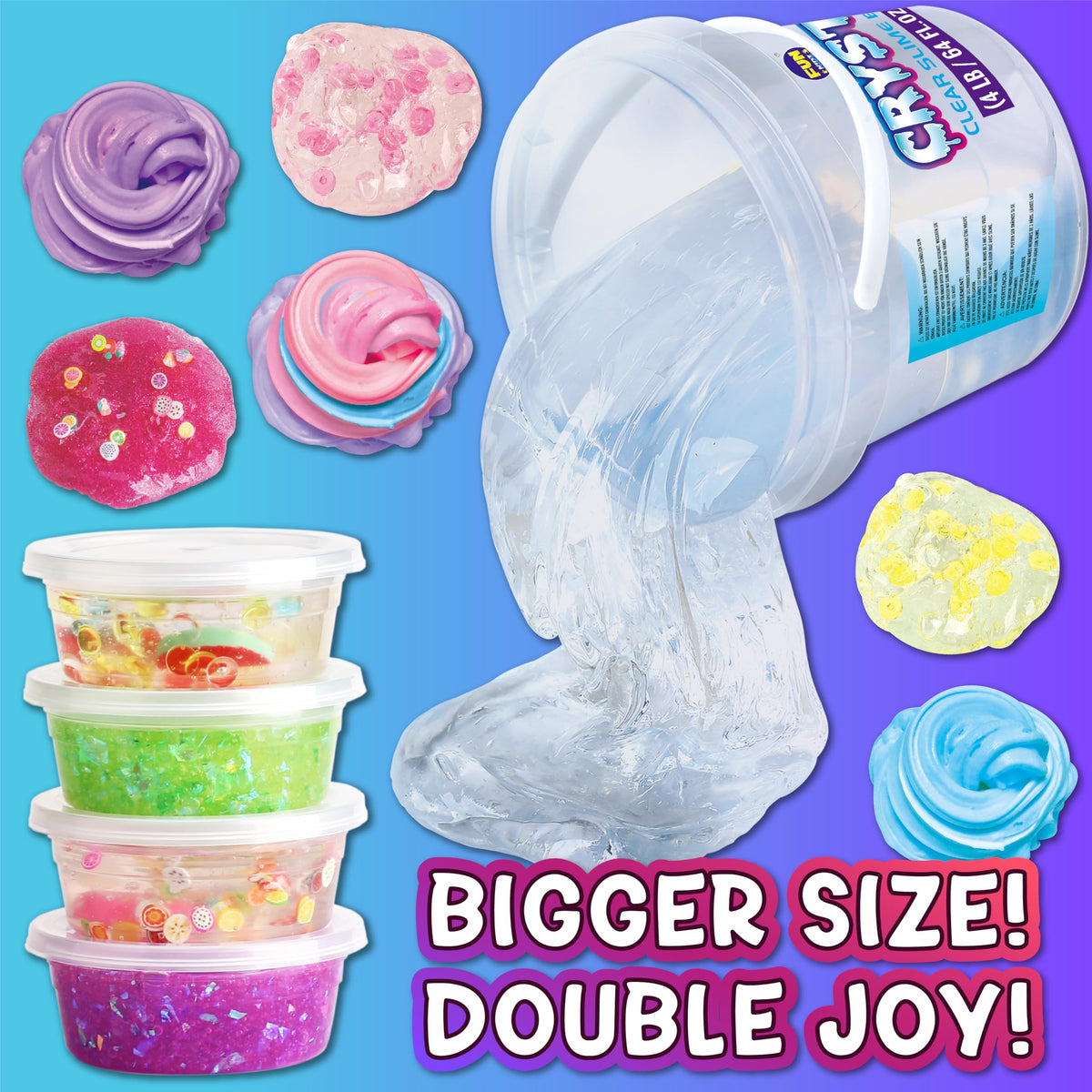 FUN KIDZ 4 LB Glassy Clear Slime Bucket – 64 FL OZ Premade Crystal Slime Kit with 29 Add-Ins