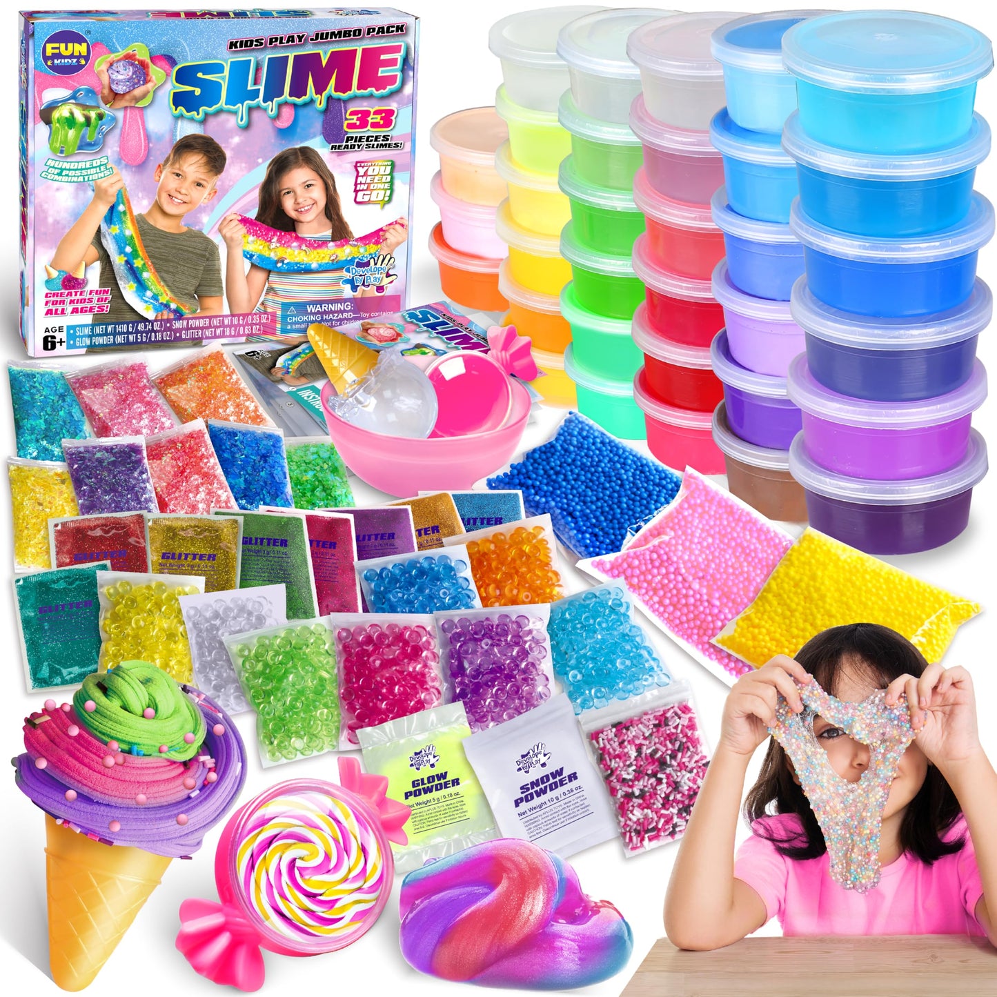 FunKidz 33 Cups Jumbo Slime Kit — DIY Slime for Kids, Party Favors