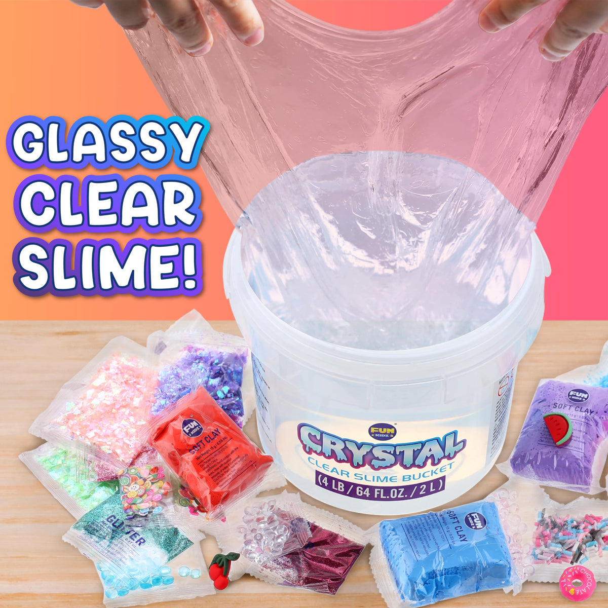 FUN KIDZ 4 LB Glassy Clear Slime Bucket – 64 FL OZ Premade Crystal Slime Kit with 29 Add-Ins