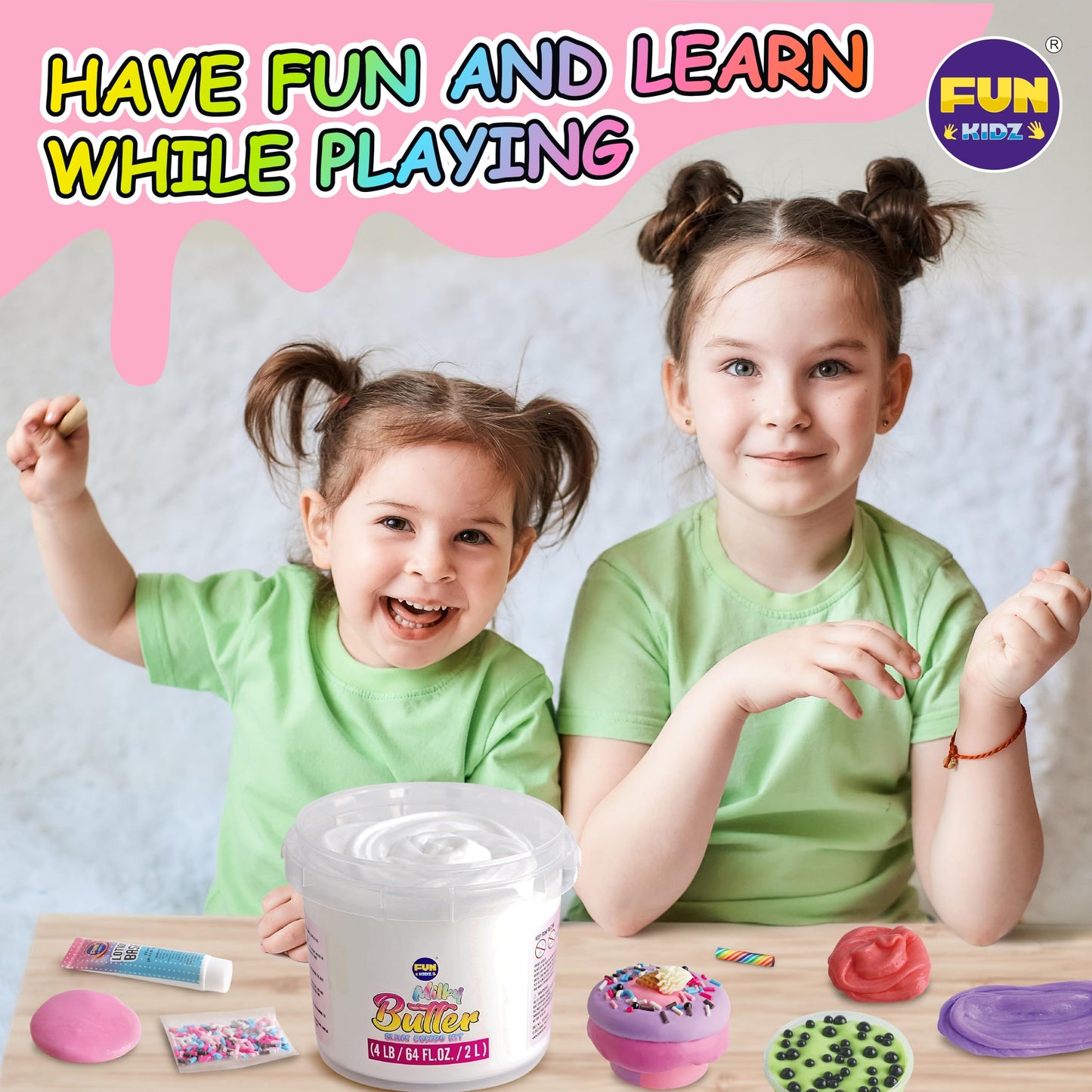 FunKidz Milky Butter Slime Bucket – 64 oz Premade Scented Slime Kit with 29 Add-Ins