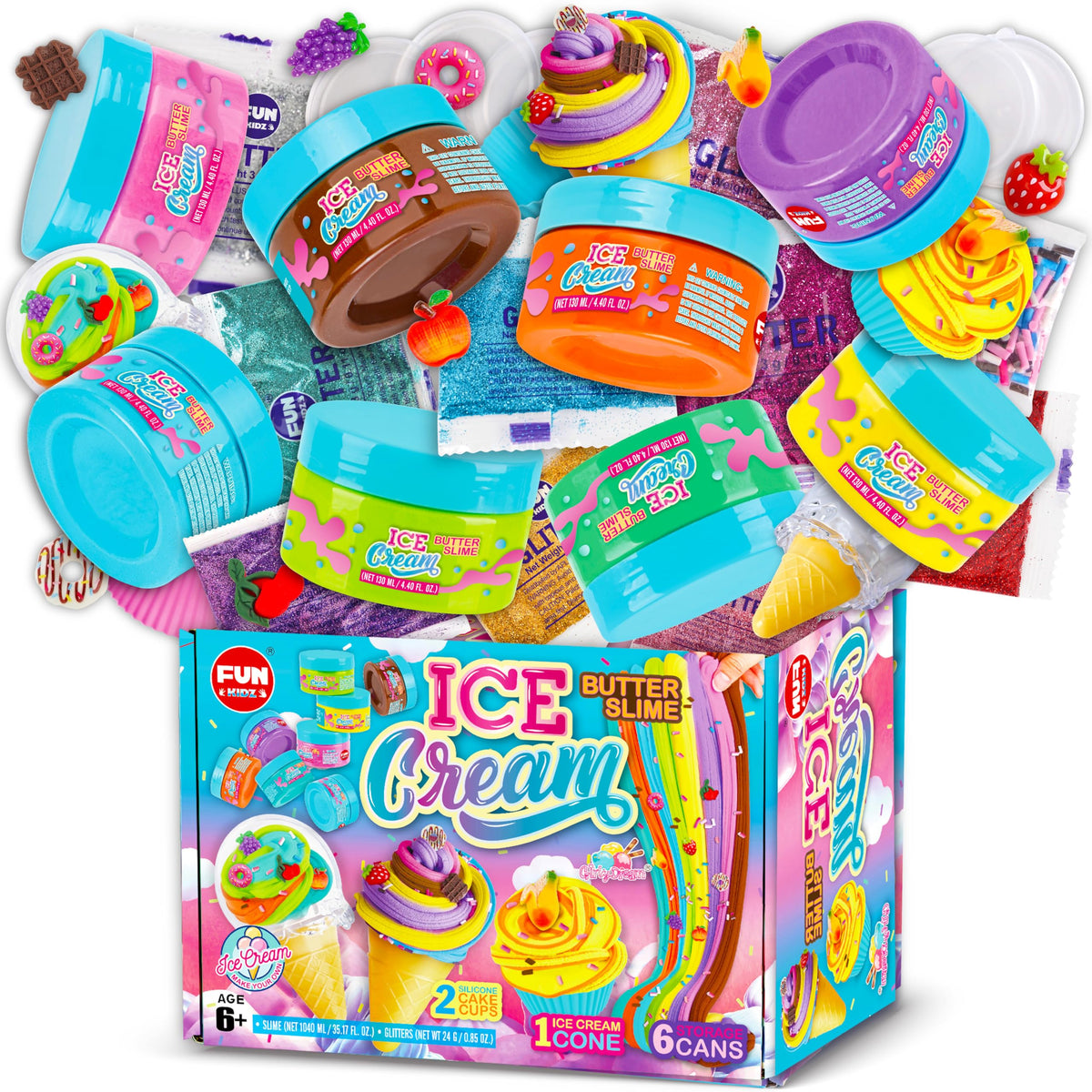 FUN KIDZ Butter Slime Ice Cream Set – 8 Premade Slimes (1040 ml) for Kids 6-12