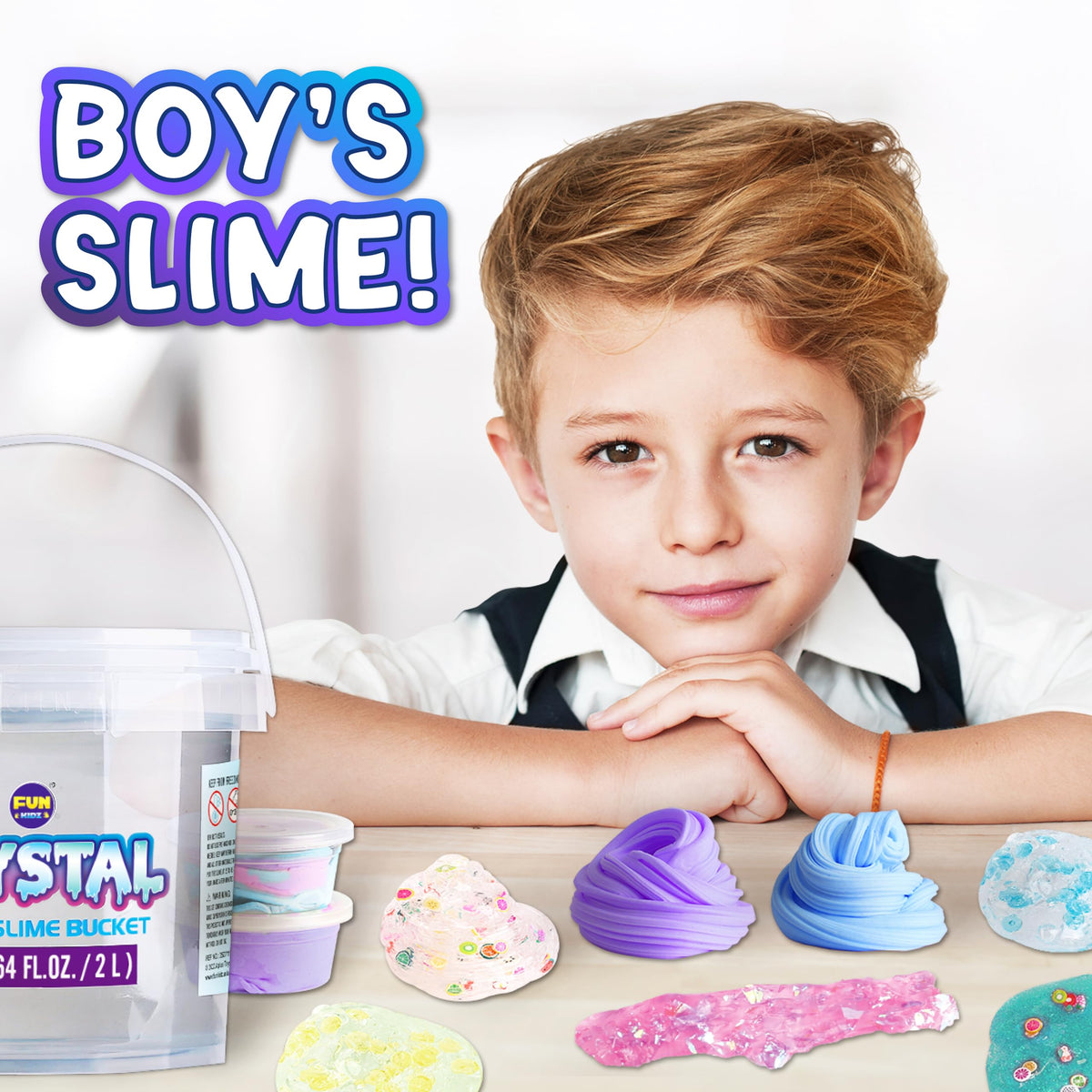 FUN KIDZ 4 LB Glassy Clear Slime Bucket – 64 FL OZ Premade Crystal Slime Kit with 29 Add-Ins