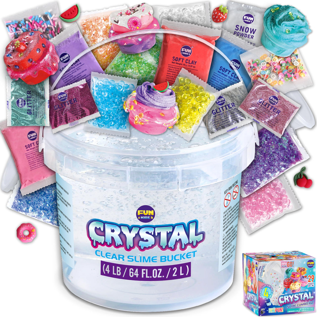 FUN KIDZ 4 LB Glassy Clear Slime Bucket – 64 FL OZ Premade Crystal Slime Kit with 29 Add-Ins