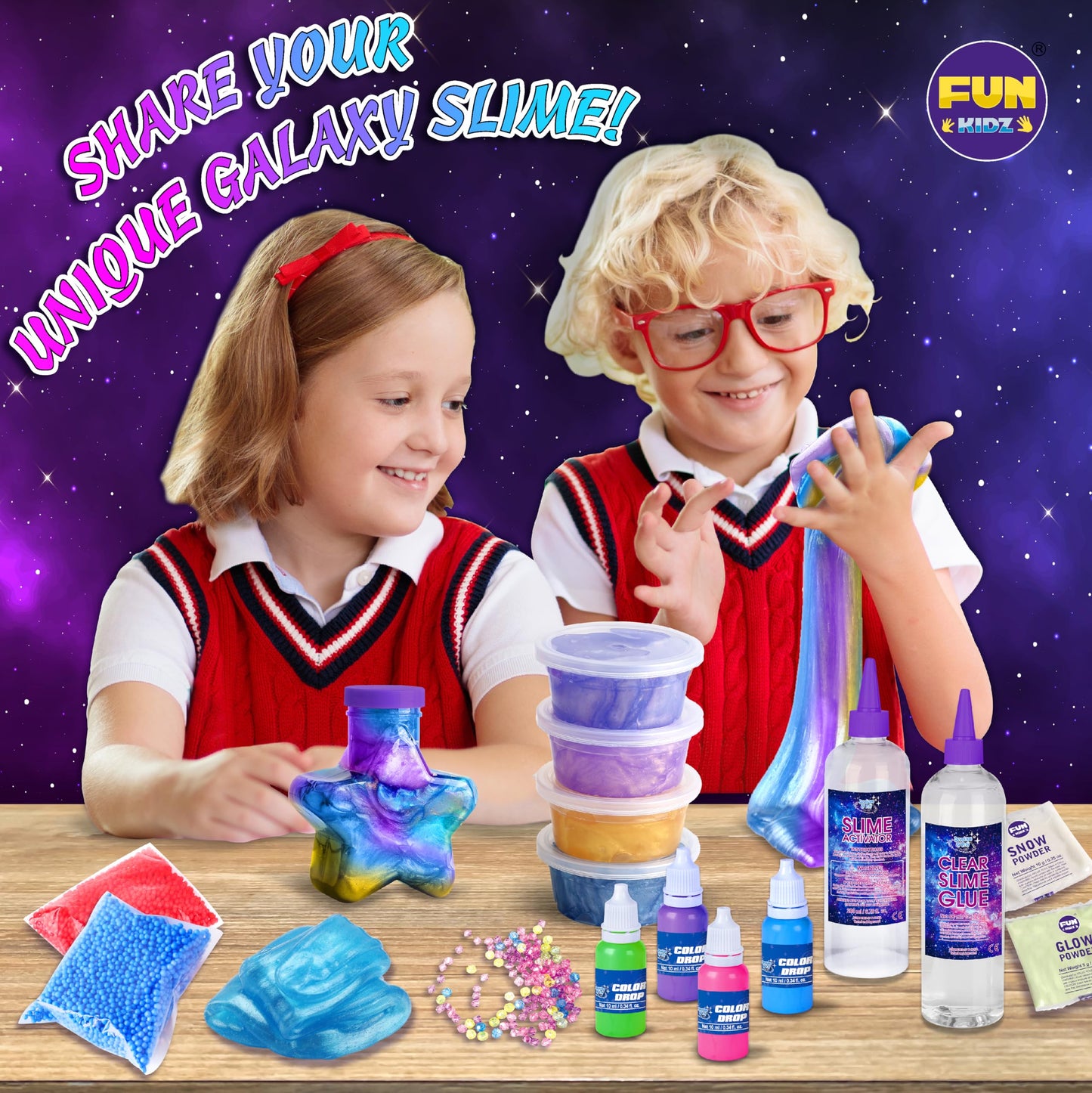 FUN KIDZ Galaxy Slime Kit — Ultimate Metallic Slime DIY for Kids 8-12 (Glow)