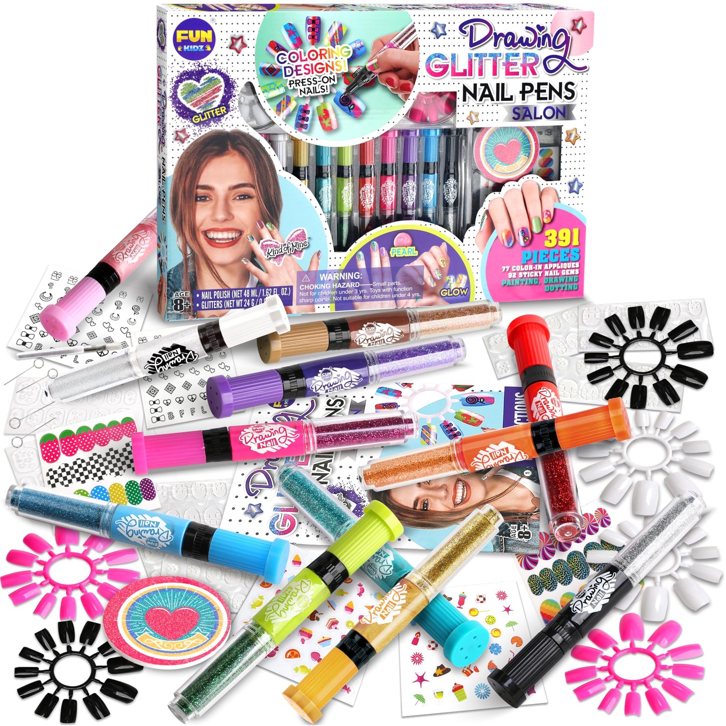 FUN KIDZ Ultimate 315Pcs Nail Art Kit for Girls 7-12 | Glitter Pens, Stickers & Spa Makeup Kit