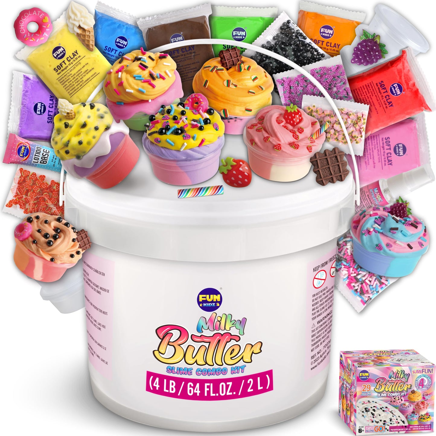 FunKidz Milky Butter Slime Bucket – 64 oz Premade Scented Slime Kit with 29 Add-Ins