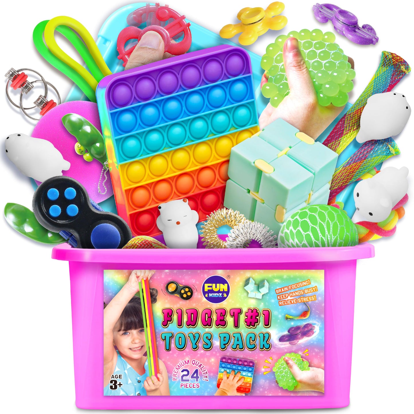 FUN KIDZ Fidget Box - 24-Piece Sensory Toys Pack for Kids | Portable Case, Party Favors, Travel