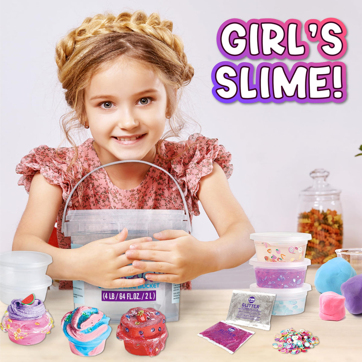 FUN KIDZ 4 LB Glassy Clear Slime Bucket – 64 FL OZ Premade Crystal Slime Kit with 29 Add-Ins