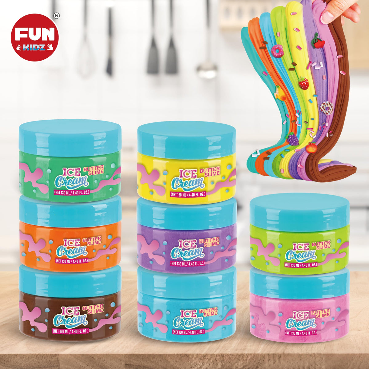 FUN KIDZ Butter Slime Ice Cream Set – 8 Premade Slimes (1040 ml) for Kids 6-12