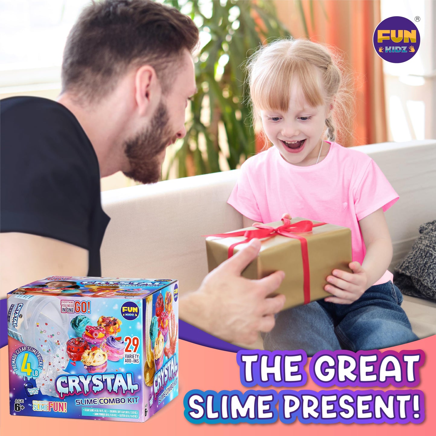 FUN KIDZ 4 LB Glassy Clear Slime Bucket – 64 FL OZ Premade Crystal Slime Kit with 29 Add-Ins