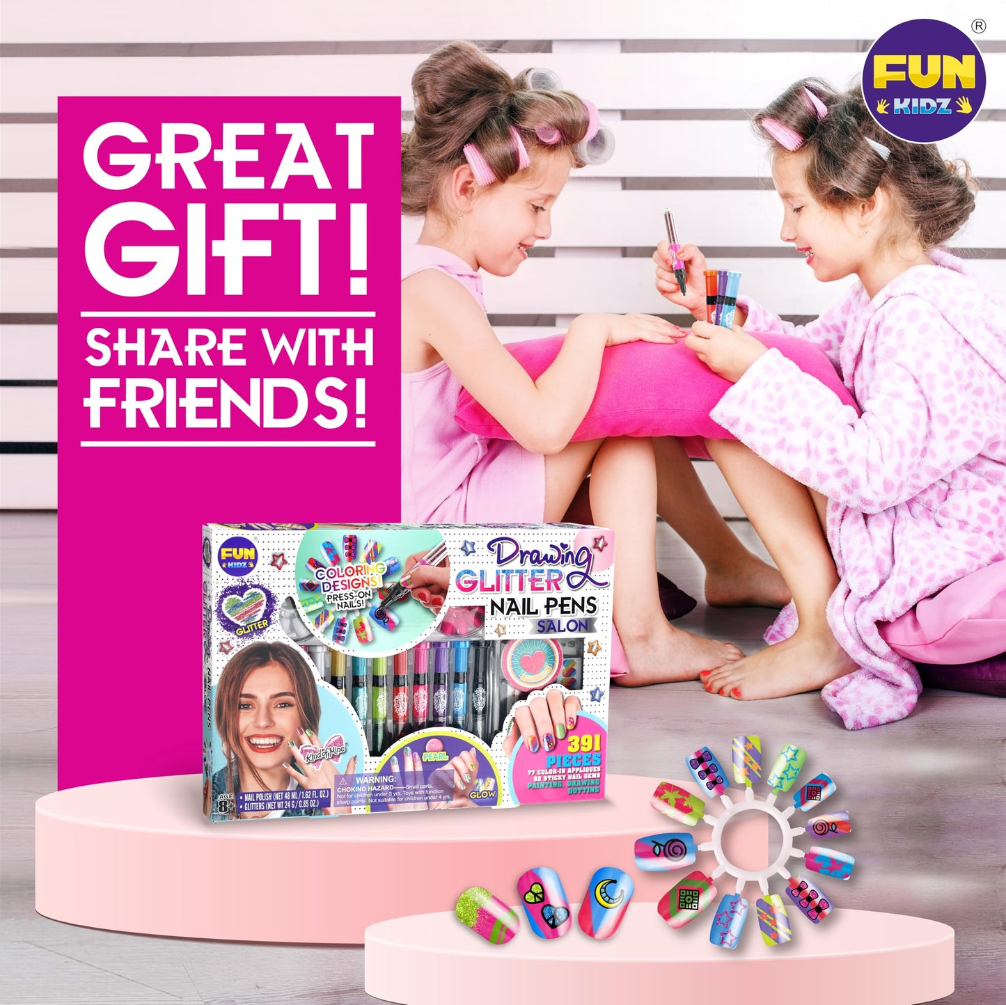 FUN KIDZ Ultimate 315Pcs Nail Art Kit for Girls 7-12 | Glitter Pens, Stickers & Spa Makeup Kit