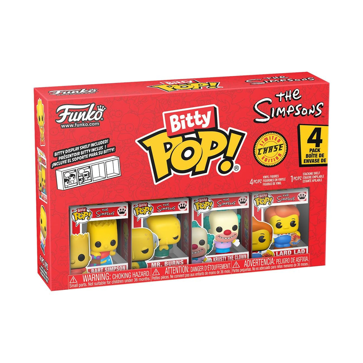Funko Pop! Bitty Simpsons 4-Pack – Bart Simpson, Mr. Burns, Krusty, and Mystery Chase with Display Case (0.9 in)