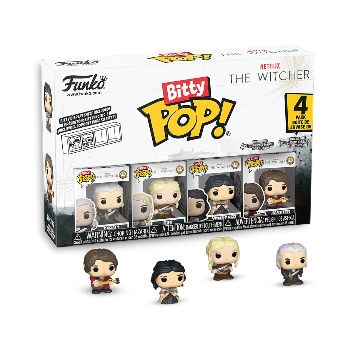 Funko Pop Bitty Netflix Witcher Geralt, Jaskier, Ciri & Yennefer – 0.9" with Stackable Display Case – The Witcher Collectable