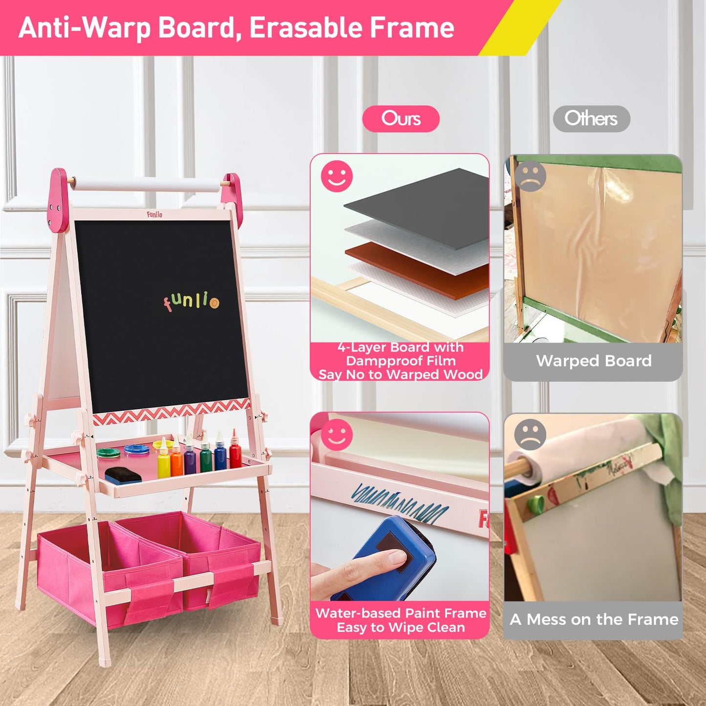 FUNLIO Anti-Warping Kids Art Easel – 3-Height Adjustable Pink, All-in-One Magnetic Chalkboard & Whiteboard